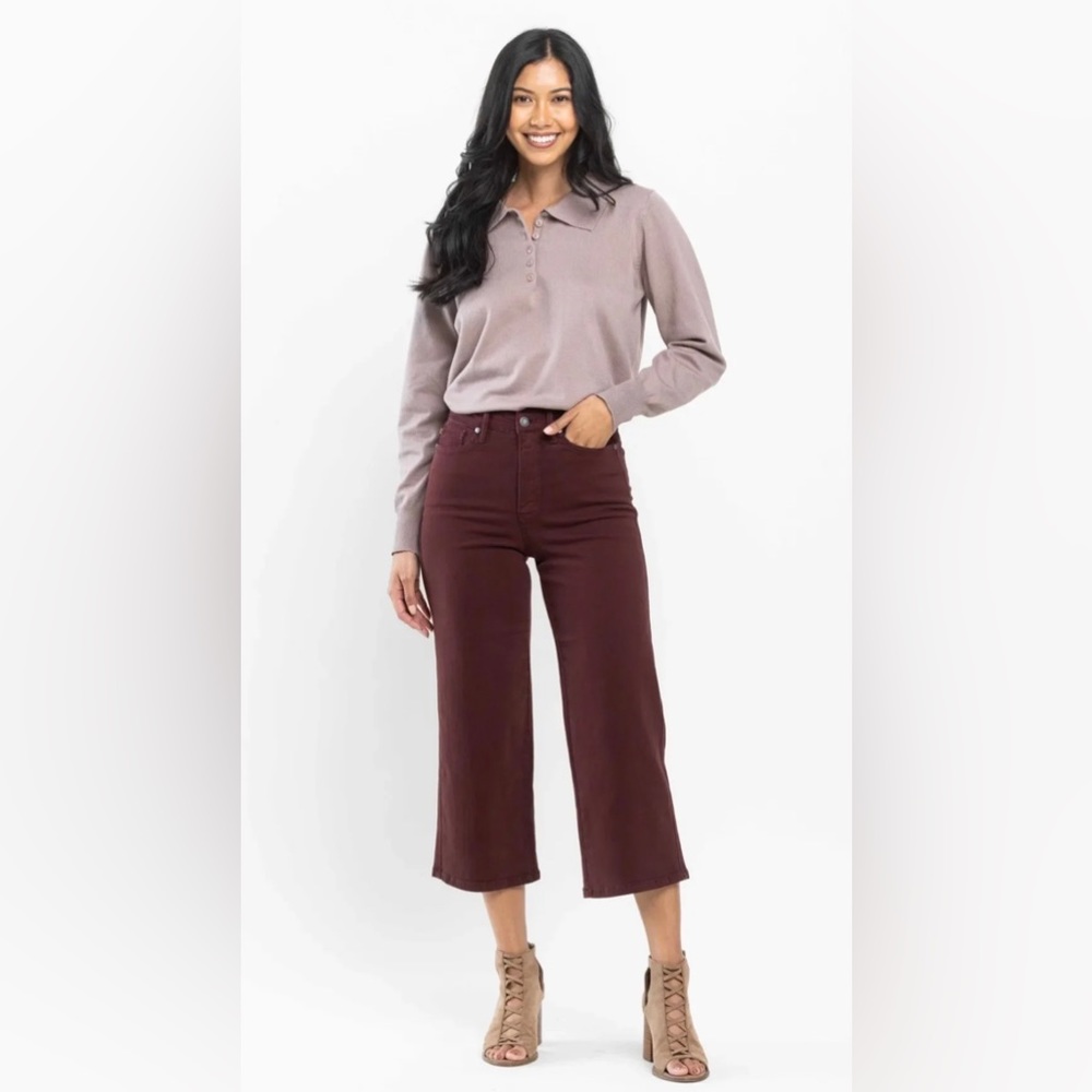 Judy Blue‎ Jeans Women's 3/26 Burgundy Wide Leg High Rise Stretch Garment Dyed